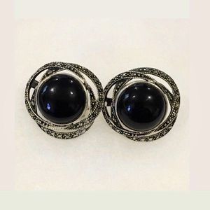 JUDITH JACK Onyx Marcasite Silver Vintage Studs